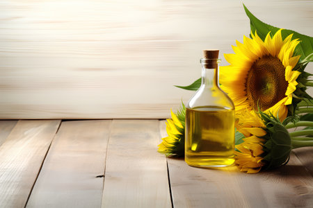 Bottle of sunflower oil and sunflowers on wooden backgroundの素材