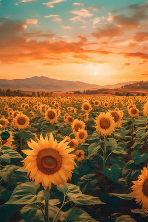 Sunflower field at sunset. Beautiful landscape with sunflowers.の素材
