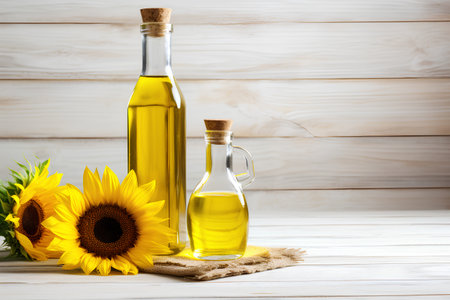Bottles of sunflower oil and sunflowers on wooden backgroundの素材