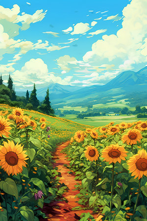 Beautiful landscape of sunflower field with mountain background. Vector illustration.の素材