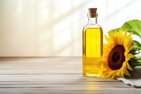 Bottle of sunflower oil with sunflower on wooden table.の素材