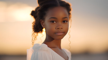 Portrait of beautiful african american woman on sunset background.の素材