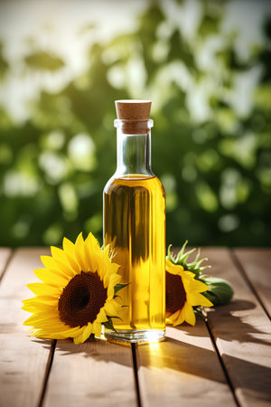 Sunflower oil in a glass bottle on a wooden table with sunflowersの素材