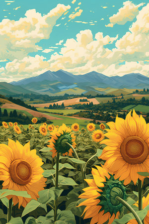 Beautiful summer landscape with sunflowers and mountains. Vector illustrationの素材