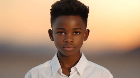 Beautiful young african american woman in white shirt on sunset backgroundの素材