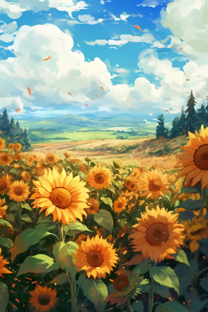 Beautiful summer landscape with sunflowers and blue sky. Vector illustration.の素材
