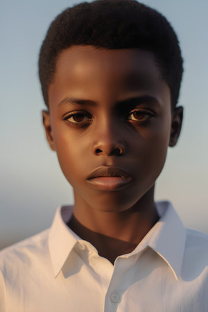 Closeup portrait of a beautiful african american woman in a white shirtの素材