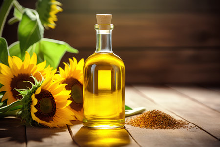 Bottle of sunflower oil with sunflowers on wooden backgroundの素材