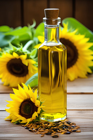 Sunflower oil in a glass bottle with sunflowers on a wooden backgroundの素材