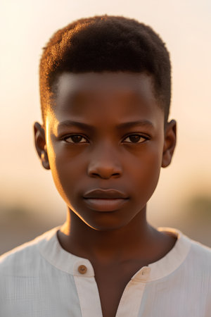 Portrait of a beautiful african american little boy at sunsetの素材