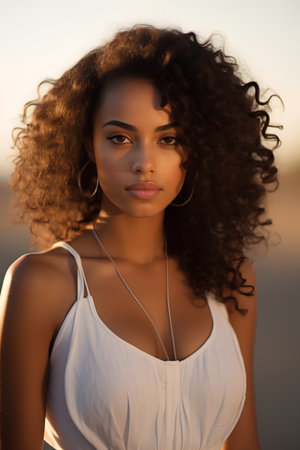 Beautiful african american woman with afro hairstyle at sunsetの素材
