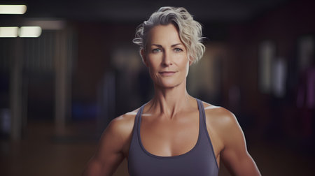 Portrait of mature woman in sportswear looking at camera in gymの素材