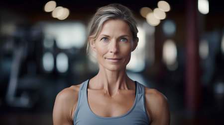 Portrait of mature woman in sportswear looking at camera in gymの素材