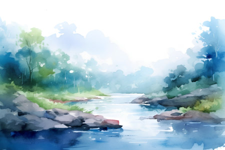 Watercolor landscape with river and forest. Hand drawn illustration for your designの素材