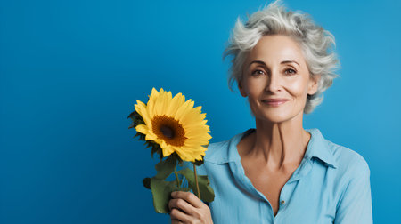 Portrait of smiling senior woman with sunflower over blue background.の素材