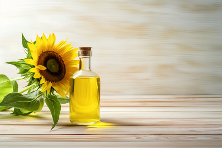 Bottle of sunflower oil with sunflower flowers on wooden backgroundの素材
