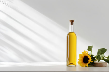 Bottle of olive oil with sunflower on white background. Mock up, 3D Renderingの素材