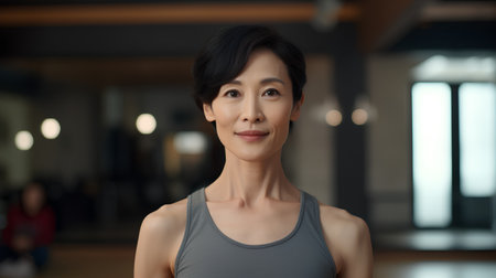 Portrait of smiling asian woman in sportswear looking at cameraの素材