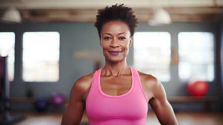 Portrait of smiling african american woman looking at camera in gymの素材