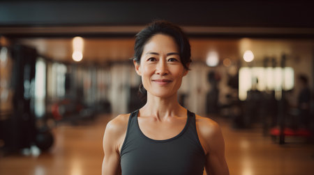 Portrait of smiling mature Asian woman in sportswear at gymの素材