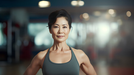 fitness, sport, training and lifestyle concept - smiling asian woman in gymの素材
