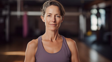 Portrait of mature woman in sportswear looking at camera in gymの素材