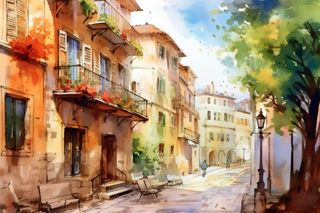 Watercolor sketch of a street in the old town of Florence, Italy.の素材