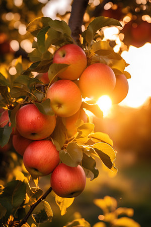 Ripe apples on apple tree branch in orchard at sunset.の素材