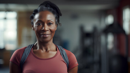 Portrait of smiling african american senior woman in fitness clubの素材