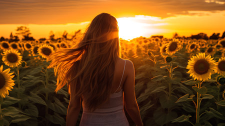 Young beautiful woman in the field of sunflowers at sunset.の素材