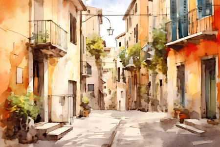 Watercolor painting of a street in the old town of Rome, Italy.の素材