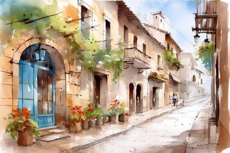 Street in old town of Rovinj, Croatia. Watercolor paintingの素材