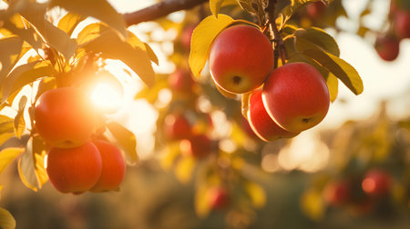 Red apples on a tree branch in the sunlight. Autumn harvest.の素材