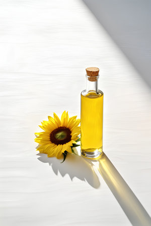 Sunflower oil in a glass bottle on a white background with sunflowersの素材