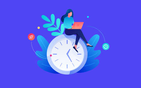 Character sitting on the clock and working vector illustrationのイラスト素材