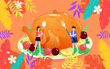 Thanksgiving turkey food illustration warm dinner delicious dishes posterのイラスト素材