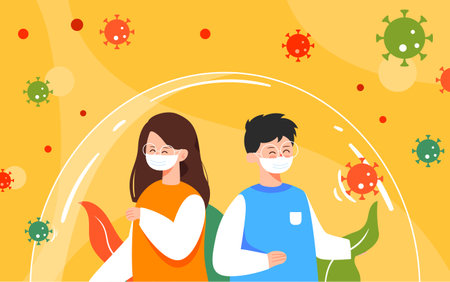 Characters Fighting Virus Illustration Crowd Gathering Epidemic Safety and Health Posterのイラスト素材