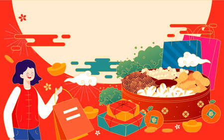 New year festival gourmet dried fruit shopping illustrationのイラスト素材