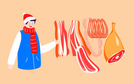 New year festival online shopping meat bacon ham illustration spring festival shopping posterのイラスト素材