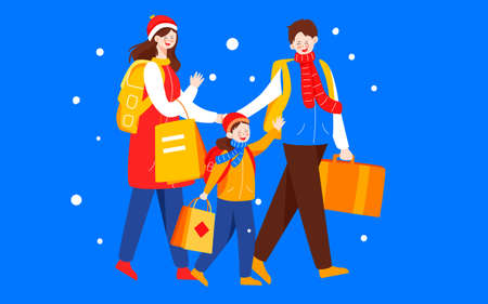 Spring festival, travel family home new year illustration, winter heavy snow station posterのイラスト素材