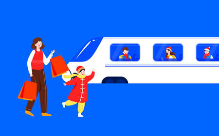 Spring festival, travel family home new year illustration, winter heavy snow station car posterのイラスト素材