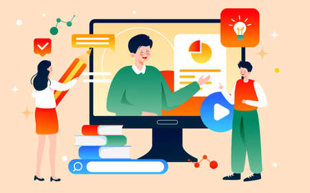 Online education online lesson learning illustration teacher live education student posterのイラスト素材