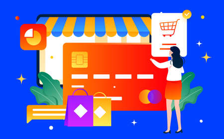 Online shopping bank card, double twelve e-commerce online shop shopping posterのイラスト素材