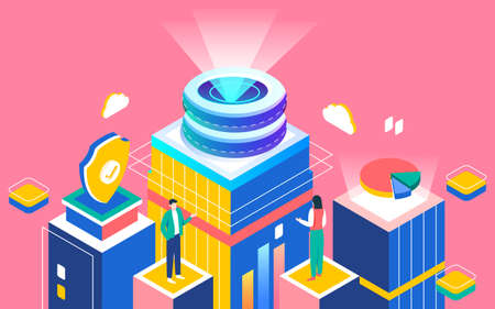Technology isometric security guard business illustration office cooperation character posterのイラスト素材