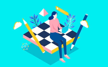 Online Education Isometric Illustration, Reading Learning World Book Day Posterのイラスト素材