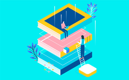 Online Education Isometric Illustration, Reading Learning World Book Day Posterのイラスト素材