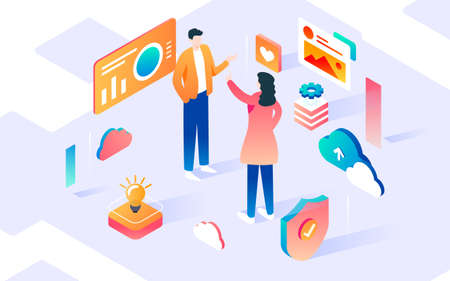Business office isometric illustration, characters communication exchange cooperation technology posterのイラスト素材