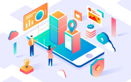 Business office isometric illustration characters communication exchange cooperation technology posterのイラスト素材