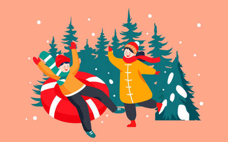 Winter kids outdoor activities illustrationのイラスト素材