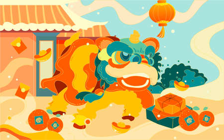Chinese new year lion dance festival celebration illustration, national tide new year greeting spring posterのイラスト素材